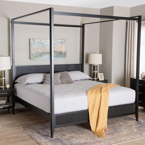 Baxton Studio Baxton Studio Primrose King Size Canopy Bed - Mid-Century Fluted Design for Timeless Elegance SW8609-Black-Canopy King