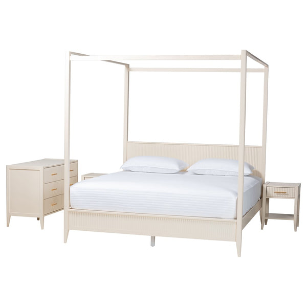 Baxton Studio Baxton Studio Primrose Mid-Century Canopy Bedroom Set – Stylish Storage & Elegant Design Ensemble Ivory SW8609-Ivory-4PC Canopy King Bedroom Set