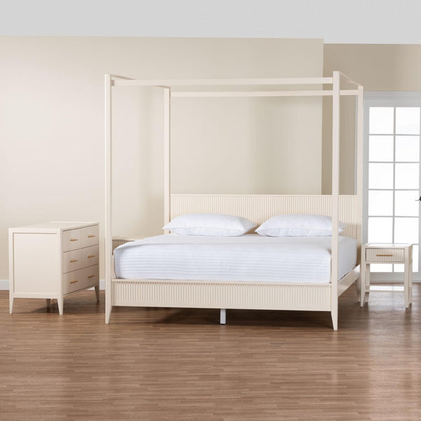 Baxton Studio Baxton Studio Primrose Mid-Century Canopy Bedroom Set – Stylish Storage & Elegant Design Ensemble Ivory SW8609-Ivory-4PC Canopy King Bedroom Set
