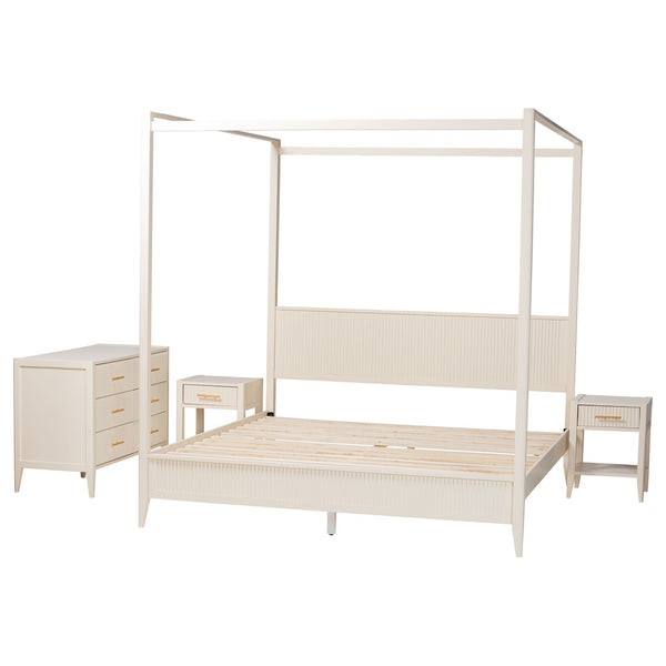 Baxton Studio Baxton Studio Primrose Mid-Century Canopy Bedroom Set – Stylish Storage & Elegant Design Ensemble Ivory SW8609-Ivory-4PC Canopy King Bedroom Set