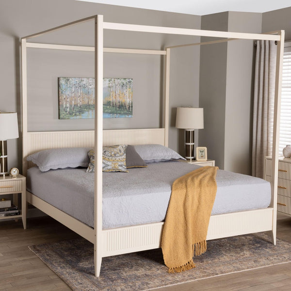 Baxton Studio Baxton Studio Primrose King Canopy Bed - Mid-Century Design with Fluted Wood Details & Support SW8609-Ivory-Canopy King