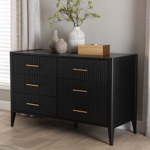 Baxton Studio Baxton Studio Primrose Mid-Century Fluted Wood Dresser with Six Spacious Drawers for Stylish Storage Black SW8000-66D6D-6DW-Black-Dresser