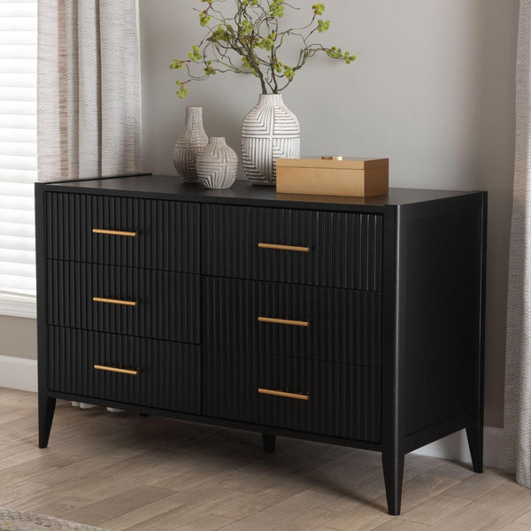 Baxton Studio Baxton Studio Primrose Mid-Century Fluted Wood Dresser with Six Spacious Drawers for Stylish Storage Black SW8000-66D6D-6DW-Black-Dresser