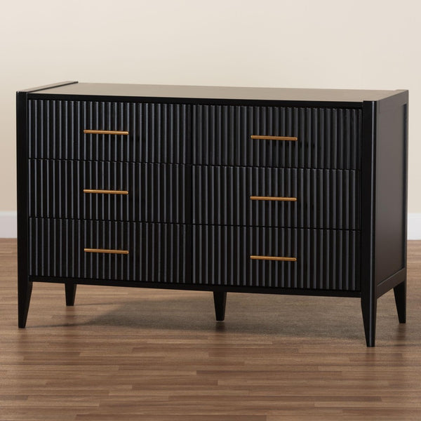 Baxton Studio Baxton Studio Primrose Mid-Century Fluted Wood Dresser with Six Spacious Drawers for Stylish Storage Black SW8000-66D6D-6DW-Black-Dresser
