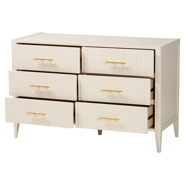 Baxton Studio Baxton Studio Primrose Mid-Century Fluted Wood Dresser with Six Spacious Drawers for Stylish Storage Ivory SW8000-66D6D-6DW-Ivory-Dresser