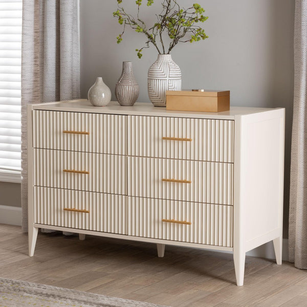 Baxton Studio Baxton Studio Primrose Mid-Century Fluted Wood Dresser with Six Spacious Drawers for Stylish Storage Ivory SW8000-66D6D-6DW-Ivory-Dresser