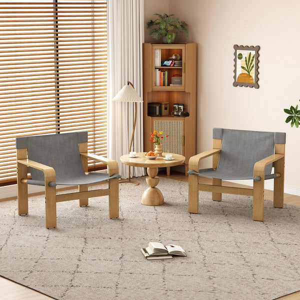 English Elm Detachable Oak Accent Chair with Solid Wood Frame, Wide Armrest, Removable Washable Linen Cover DARK GREY W2336P251806