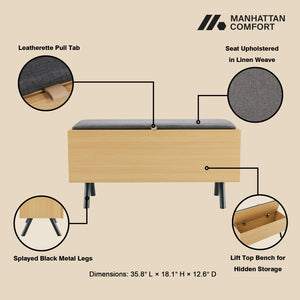 English Elm Paloma Upholstered Accent Storage Bench in Light Oak with Gas-Strut Lift, Metal Legs, Seats 2 B365P398213