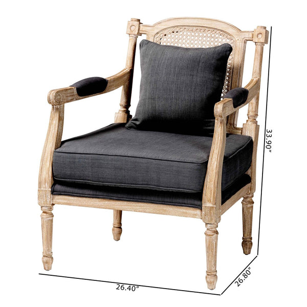 Baxton Studio Baxton Studio Clemence Grey Fabric Armchair - French Provincial Design with Rattan & Mahogany Charm SEA63-Grey Chair