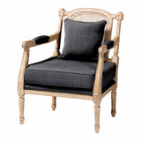 Clemence French Provincial Armchair - Grey Upholstered Mahogany Wood with Woven Rattan Backrest