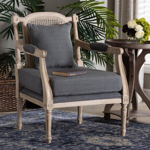 Baxton Studio Baxton Studio Clemence Grey Fabric Armchair - French Provincial Design with Rattan & Mahogany Charm SEA63-Grey Chair