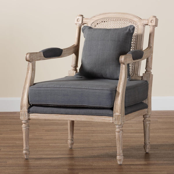 Baxton Studio Baxton Studio Clemence Grey Fabric Armchair - French Provincial Design with Rattan & Mahogany Charm SEA63-Grey Chair