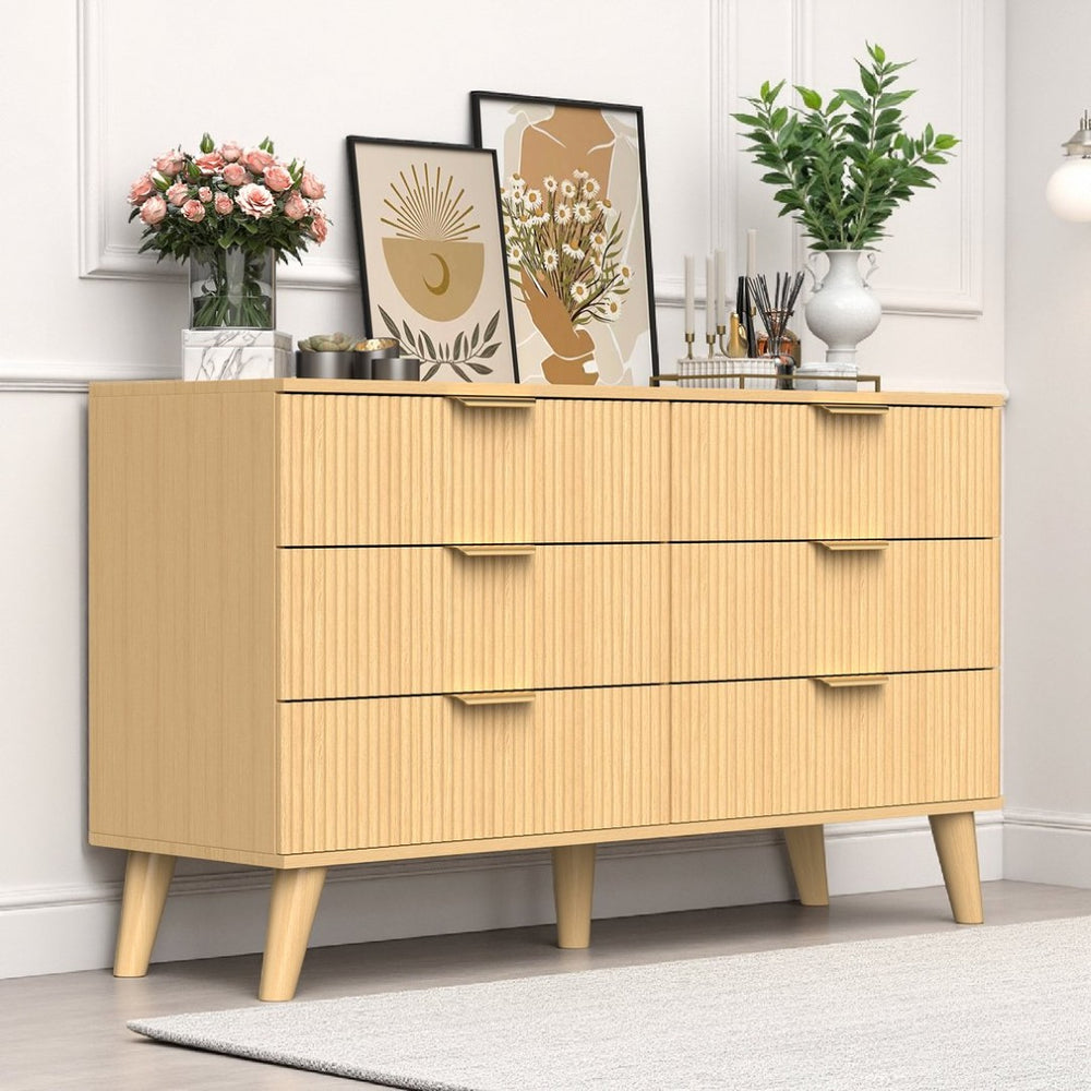 English Elm 6 Drawer Fluted Wood Dresser Natural Finish Compact Chest for Nursery or Bedroom T3773P415502