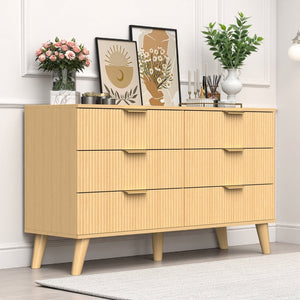 English Elm 6 Drawer Fluted Wood Dresser Natural Finish Compact Chest for Nursery or Bedroom T3773P415502