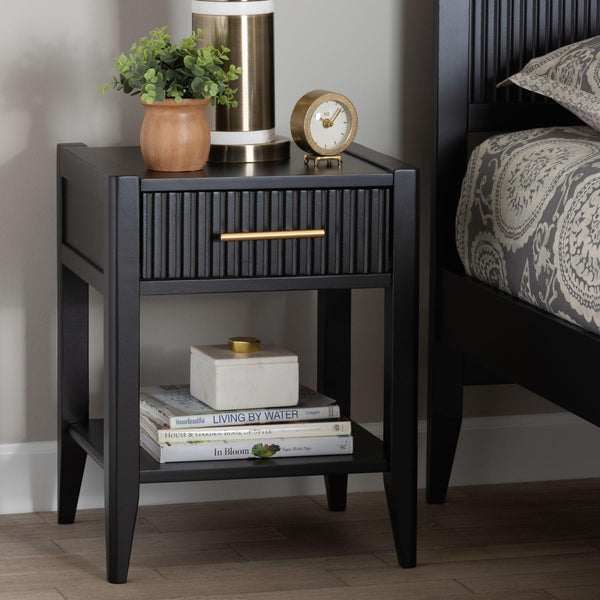 Baxton Studio Baxton Studio Primrose Mid-Century Nightstand with Fluted Drawer and Open Shelf for Stylish Storage Black SW8000-66NS-Black-NS