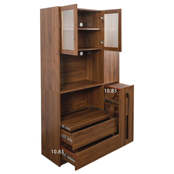 English Elm 70.87" Tall Kitchen Pantry Cabinet – Multi-Functional Storage With Glass Door, Drawers & Microwave Stand W331S00197