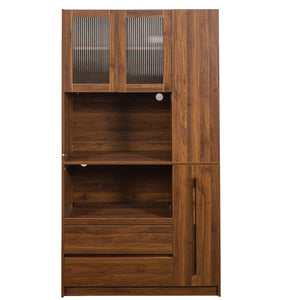 English Elm 70.87" Tall Kitchen Pantry Cabinet – Multi-Functional Storage With Glass Door, Drawers & Microwave Stand W331S00197