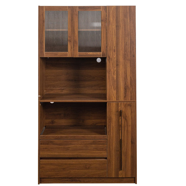 English Elm 70.87" Tall Kitchen Pantry Cabinet – Multi-Functional Storage With Glass Door, Drawers & Microwave Stand W331S00197