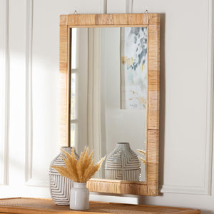 Baxton Studio bali Lankston Bohemian Natural Rattan Accent Wall Mirror - Handcrafted Artisanal Home Decor Piece Rectangle WS101-Natural Rattan/Wood-Mirror