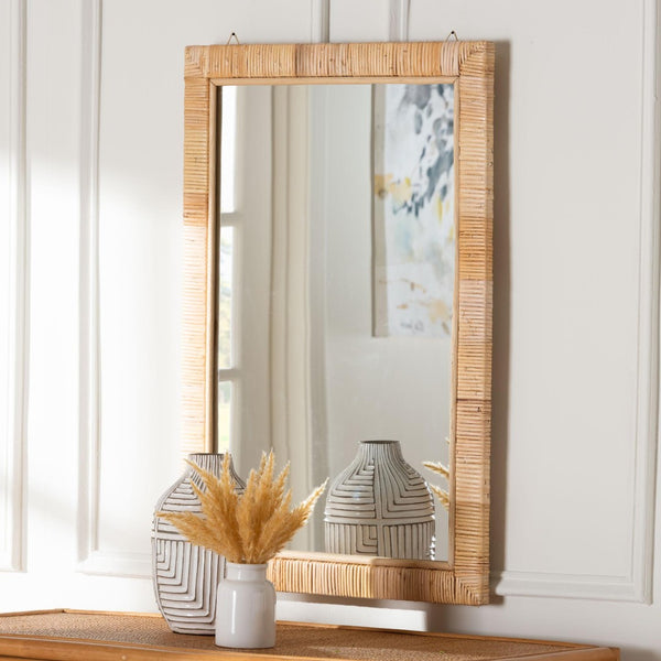 Baxton Studio bali Lankston Bohemian Natural Rattan Accent Wall Mirror - Handcrafted Artisanal Home Decor Piece Rectangle WS101-Natural Rattan/Wood-Mirror