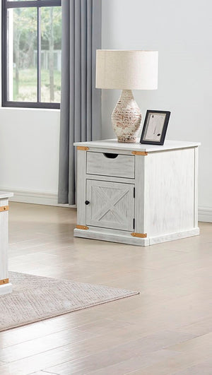 English Elm Rustic Glam Barnwood Coffee Table with Dual-Sided Center Drawer, Open Shelves & Metal Trim Accents Antique White,Gold 25 L x 29 W x 27 H B2741P320885