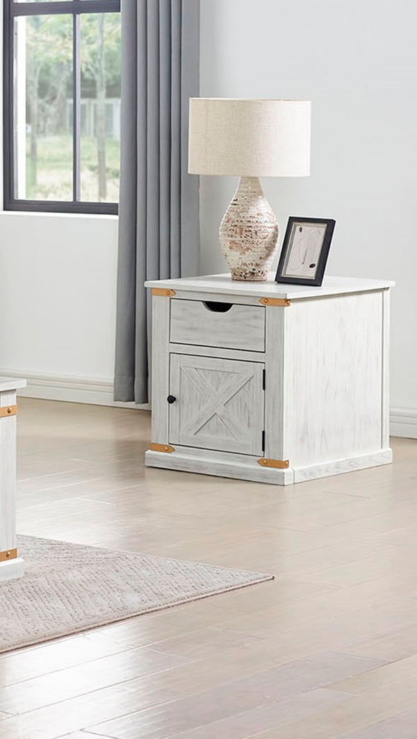 English Elm Rustic Glam Barnwood Coffee Table with Dual-Sided Center Drawer, Open Shelves & Metal Trim Accents Antique White,Gold 25 L x 29 W x 27 H B2741P320885