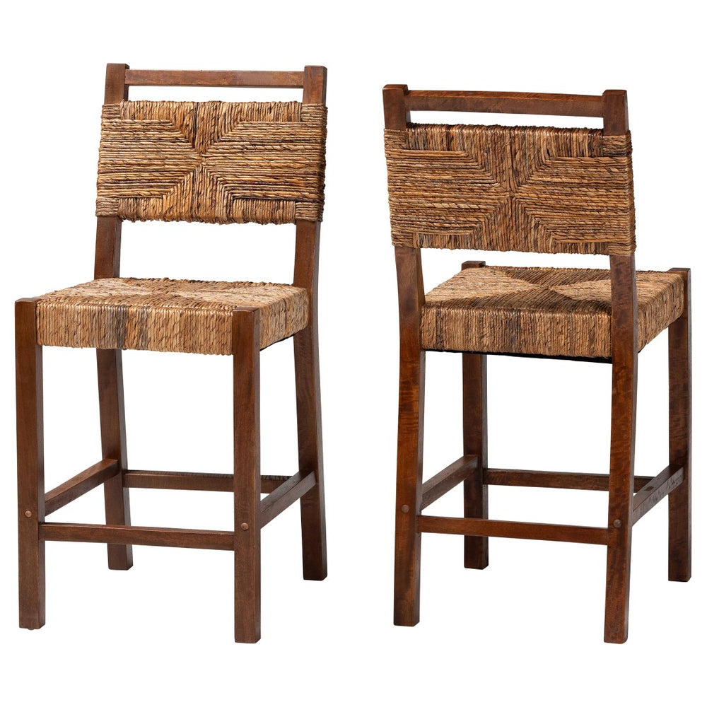 Baxton Studio bali Cordoba Bohemian Seagrass & Mahogany Wood 2-Piece Counter Stool Set for Chic Dining Spaces Luanda-Seagrass-CS