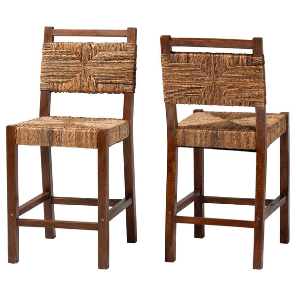 Baxton Studio bali Cordoba Bohemian Seagrass & Mahogany Wood 2-Piece Counter Stool Set for Chic Dining Spaces Luanda-Seagrass-CS