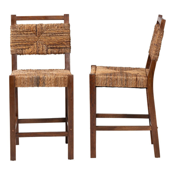 Baxton Studio bali Cordoba Bohemian Seagrass & Mahogany Wood 2-Piece Counter Stool Set for Chic Dining Spaces Luanda-Seagrass-CS
