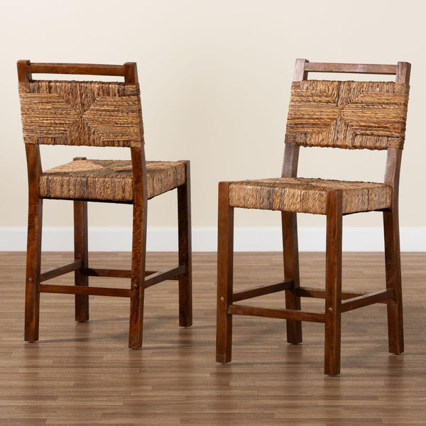 Baxton Studio bali Cordoba Bohemian Seagrass & Mahogany Wood 2-Piece Counter Stool Set for Chic Dining Spaces Luanda-Seagrass-CS