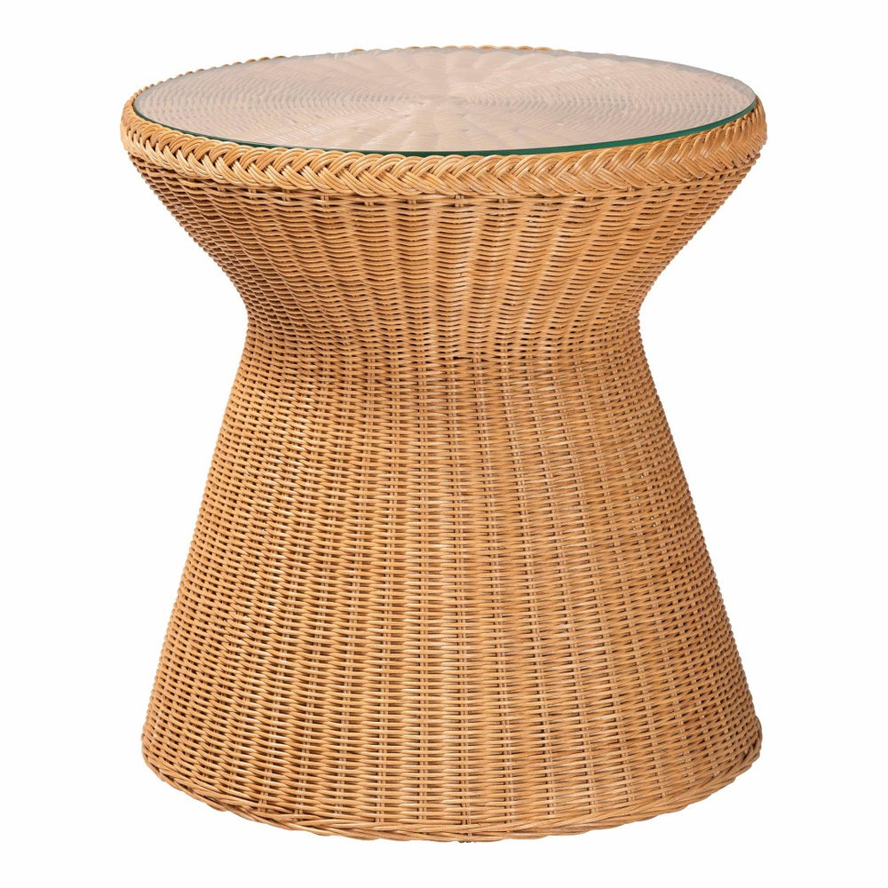 Baxton Studio bali Bali Nina Bohemian Rattan End Table with Glass Top - Handcrafted Hourglass Design for Coastal Decor Nina-Light Honey Rattan-ET
