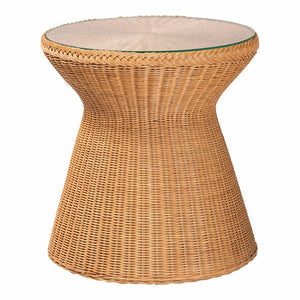 Baxton Studio bali Bali Nina Bohemian Rattan End Table with Glass Top - Handcrafted Hourglass Design for Coastal Decor Nina-Light Honey Rattan-ET