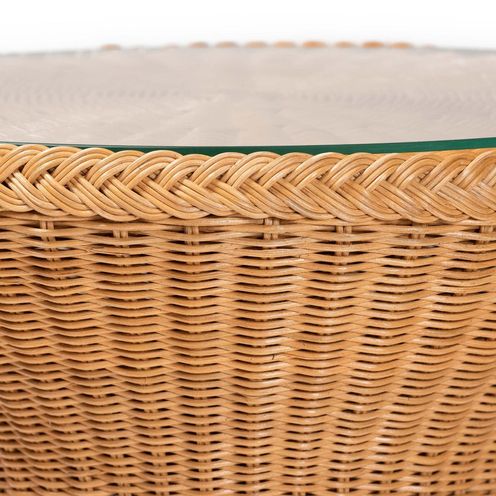 Baxton Studio bali Bali Nina Bohemian Rattan End Table with Glass Top - Handcrafted Hourglass Design for Coastal Decor Nina-Light Honey Rattan-ET