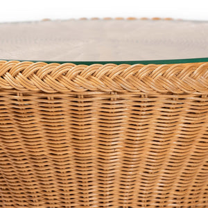 Baxton Studio bali Bali Nina Bohemian Rattan End Table with Glass Top - Handcrafted Hourglass Design for Coastal Decor Nina-Light Honey Rattan-ET