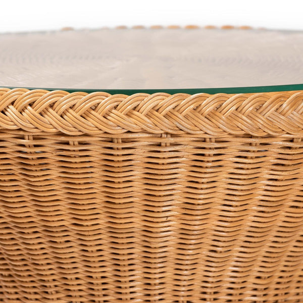 Baxton Studio bali Bali Nina Bohemian Rattan End Table with Glass Top - Handcrafted Hourglass Design for Coastal Decor Nina-Light Honey Rattan-ET