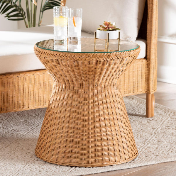 Baxton Studio bali Bali Nina Bohemian Rattan End Table with Glass Top - Handcrafted Hourglass Design for Coastal Decor Nina-Light Honey Rattan-ET