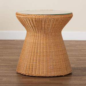 Baxton Studio bali Bali Nina Bohemian Rattan End Table with Glass Top - Handcrafted Hourglass Design for Coastal Decor Nina-Light Honey Rattan-ET