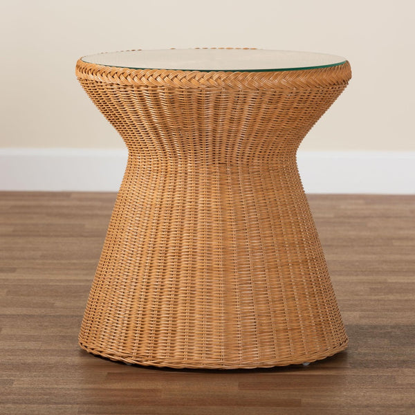 Baxton Studio bali Bali Nina Bohemian Rattan End Table with Glass Top - Handcrafted Hourglass Design for Coastal Decor Nina-Light Honey Rattan-ET