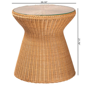 Baxton Studio bali Bali Nina Bohemian Rattan End Table with Glass Top - Handcrafted Hourglass Design for Coastal Decor Nina-Light Honey Rattan-ET