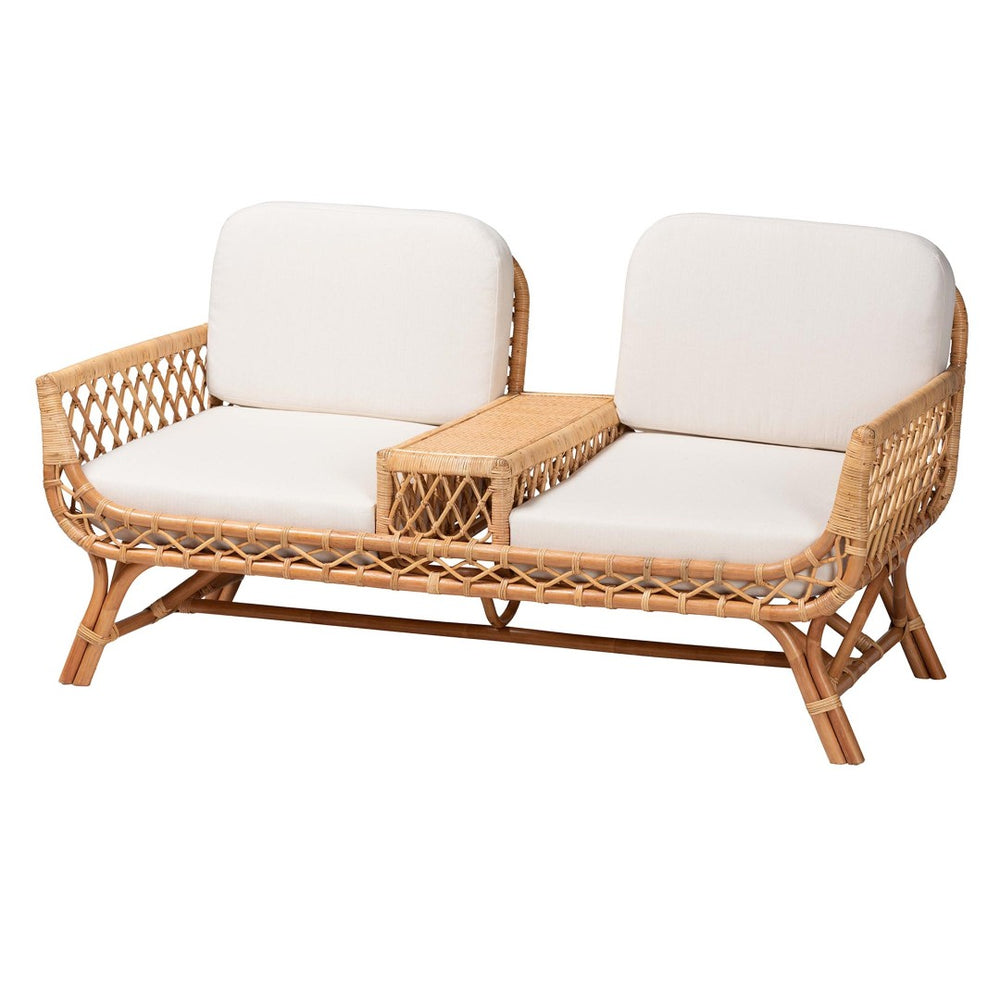 Baxton Studio bali Bali Handcrafted Bohemian Light Honey Rattan Tete-a-Tete Sofa with Center Table & Cushions Pakis-Light Honey-Sofa
