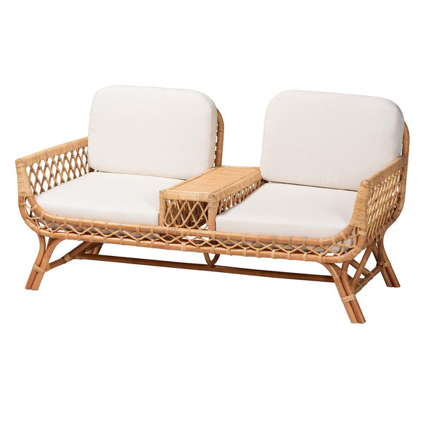 Baxton Studio bali Bali Handcrafted Bohemian Light Honey Rattan Tete-a-Tete Sofa with Center Table & Cushions Pakis-Light Honey-Sofa
