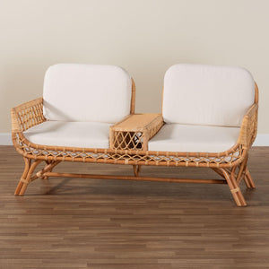 Baxton Studio bali Bali Handcrafted Bohemian Light Honey Rattan Tete-a-Tete Sofa with Center Table & Cushions Pakis-Light Honey-Sofa