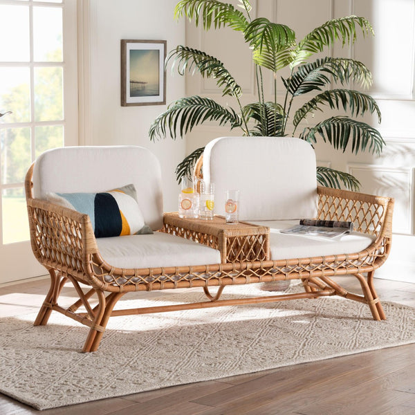 Baxton Studio bali Bali Handcrafted Bohemian Light Honey Rattan Tete-a-Tete Sofa with Center Table & Cushions Pakis-Light Honey-Sofa