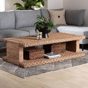 Baxton Studio bali Bali Handwoven Seagrass Coffee Table with Open Shelf - Coastal Boho Style Centerpiece for Living Room Rhinos-Bleached Light Brown-CT