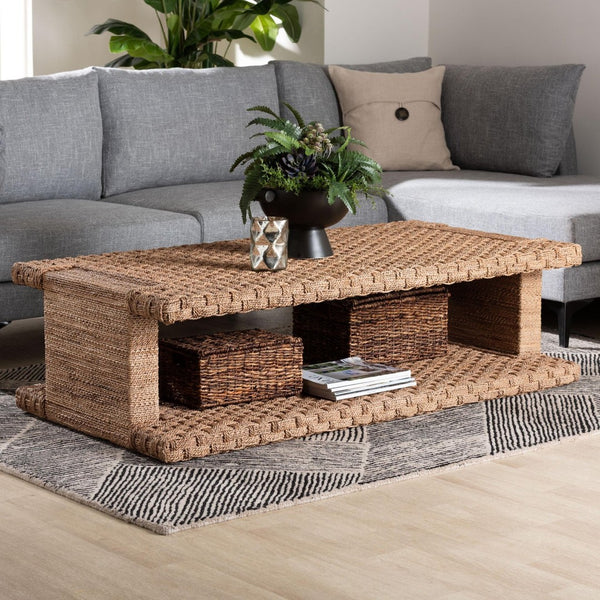 Baxton Studio bali Bali Handwoven Seagrass Coffee Table with Open Shelf - Coastal Boho Style Centerpiece for Living Room Rhinos-Bleached Light Brown-CT