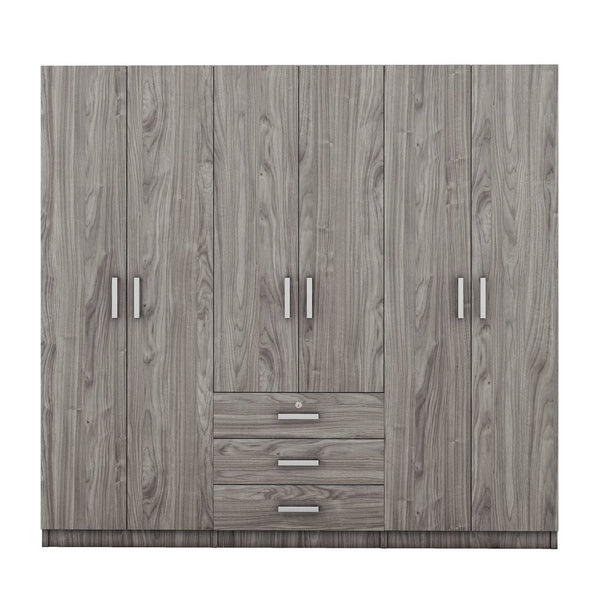 English Elm 6-doors Mdf Wardrobe with Large Drawers Streamlined Bedroom Storage Modern Design Gray N820000010E