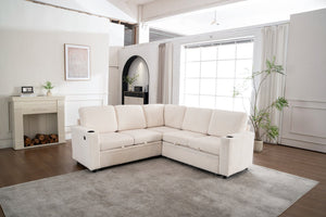English Elm Sectional Corduroy Sleeper Sofa with Storage and Charging Ports for Small Spaces White W1361S00075