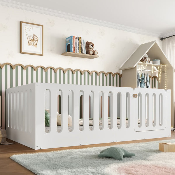 English Elm Twin Solid Pine Montessori Floor Bed with House Frame Door and Safety Fence Light White W5305P420632