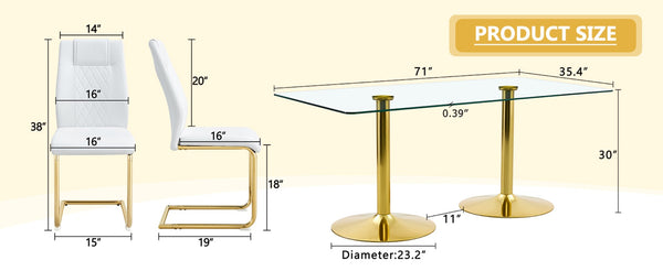 English Elm Table and Chair Set 8 Seater Tempered Glass Top with Pu Leather Dining Room Furniture Gold,Transparent,White W1151S04565