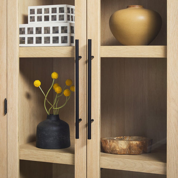 English Elm Walker Edison - Modern 5 Shelf Arched Tall Bookcase with Tempered Glass Doors, MDF Durability, Sleek Metal Handles, Showcase Pieces in Living and Office Spaces Oak 72.31 L x 19.01 W x 15 H B185S00025